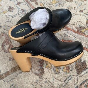 NWT Swedish Hasbeens Classic Clog Leather Wood Block Heel Black Size 38 or US 8